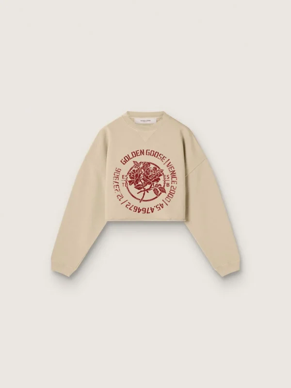 Felpa cropped da donna in cotone beige con stampa