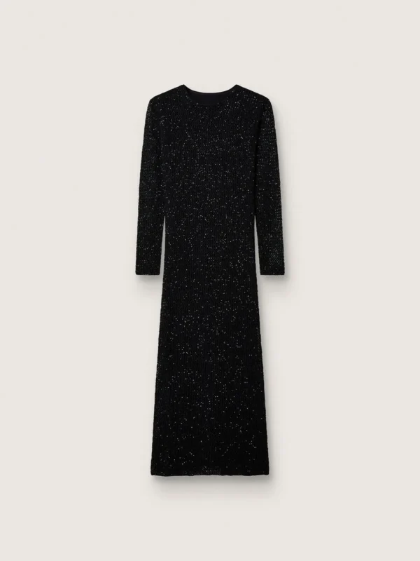 Abito lungo da Donna in mesh nero con paillettes nere