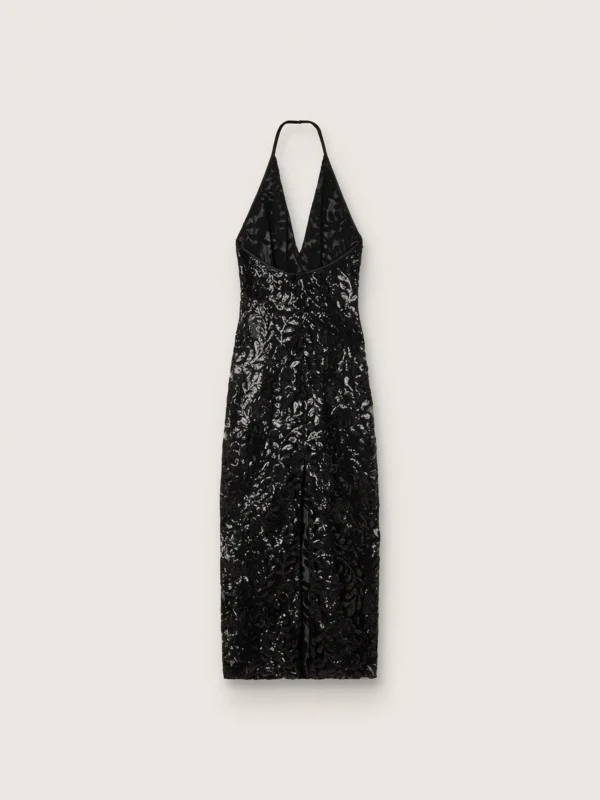 Abito lungo da Donna in tulle con ricamo floreale in paillettes nere