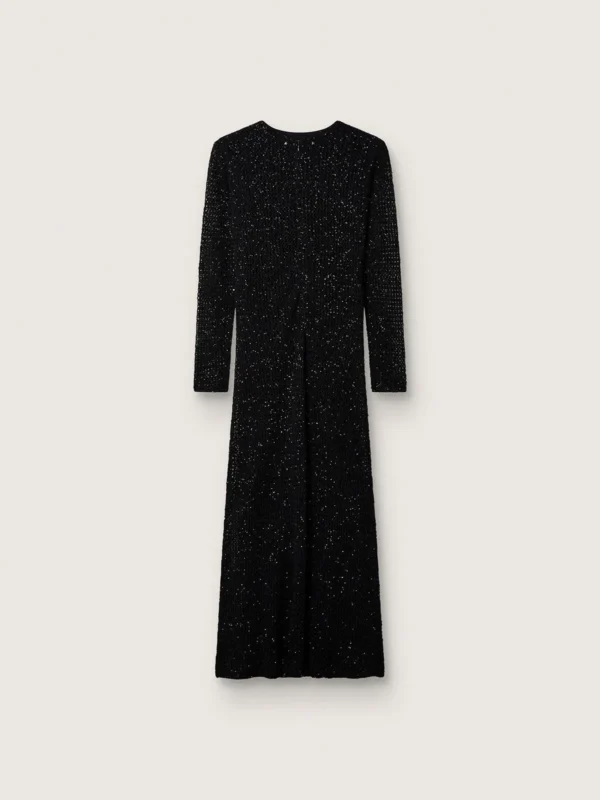 Abito lungo da Donna in mesh nero con paillettes nere