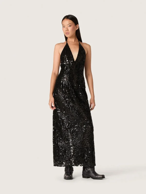 Abito lungo da Donna in tulle con ricamo floreale in paillettes nere