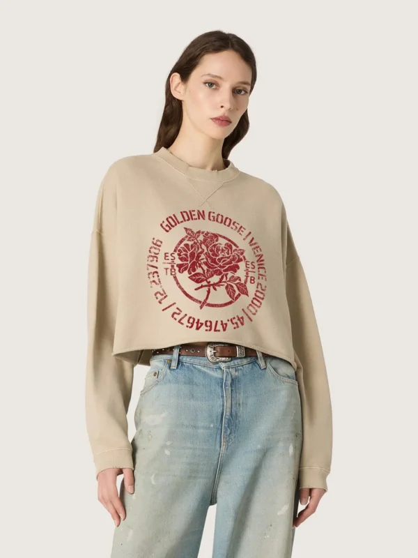 Felpa cropped da donna in cotone beige con stampa